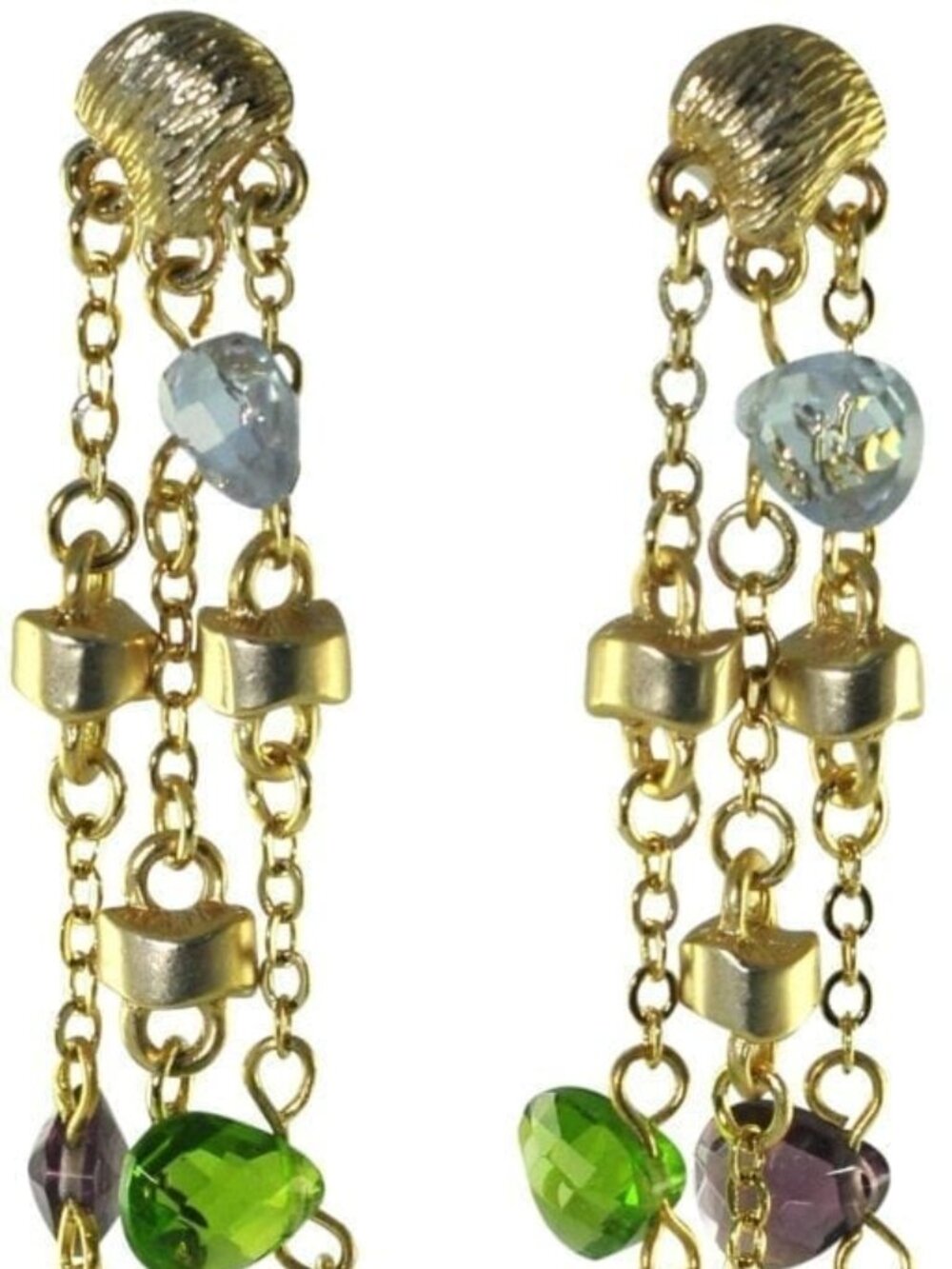 3.5" INCH,  3 STRAND EARRING WITH MULTI COLORED STONES , SET IN SATIN GOL